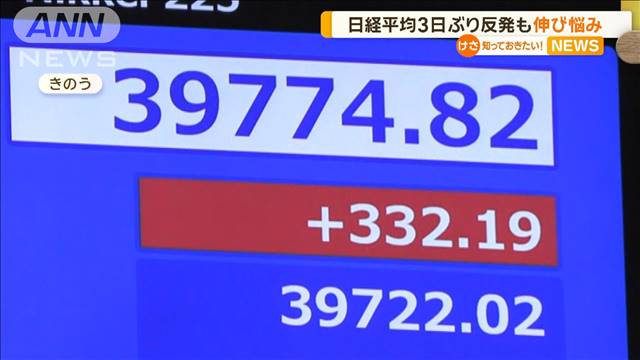 日経平均3日ぶり反発も…伸び悩み