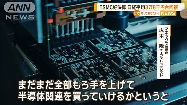 TSMC好決算　日経平均3万8000円台回復