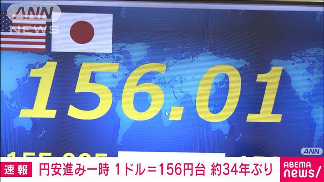 円安進み一時1ドル＝156円台　約34年ぶり水準　日銀の金融政策現状維持を受けて