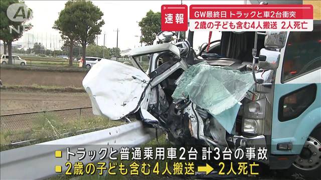 GW最終日　トラックと車2台衝突　2歳の子ども含む4人搬送　2人死亡　群馬・伊勢崎市