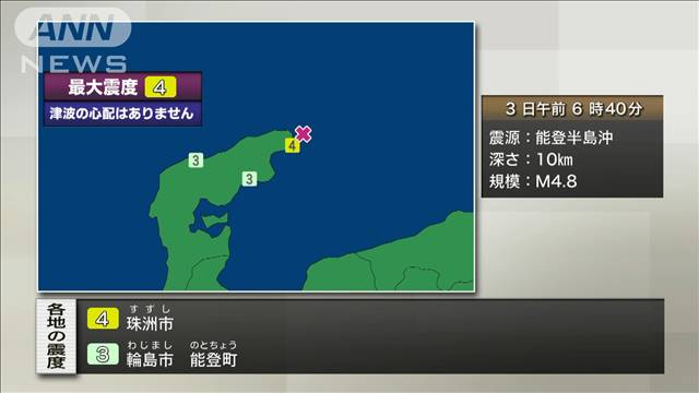 石川県珠洲市で震度4　津波の心配なし