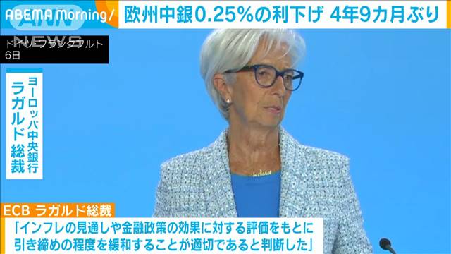 欧州中央銀行　0.25％利下げで政策金利引き下げに転じる　4年9カ月ぶり