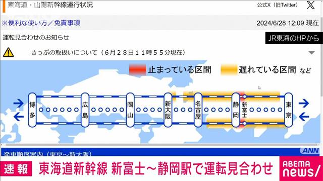 東海道新幹線　新富士駅〜静岡駅で運転見合わせ　静岡県の大雨の影響　JR東海