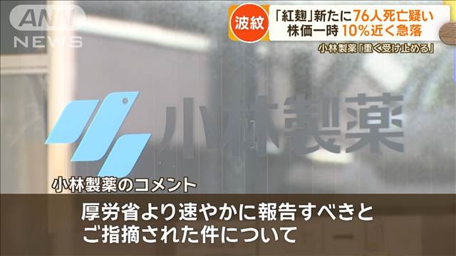 「紅麹サプリ」新たに76人死亡の関連調査…厚労省に報告なし　小林製薬の株価急落