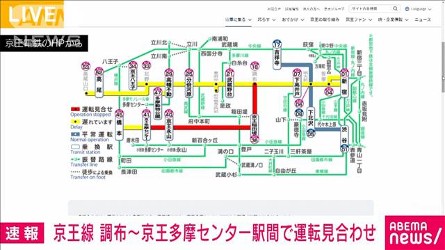 京王線　調布〜京王多摩センター駅間の上下線で運転見合せ