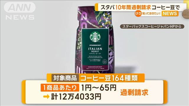 スタバ　10年間、一部商品を過剰請求　コーヒー豆で