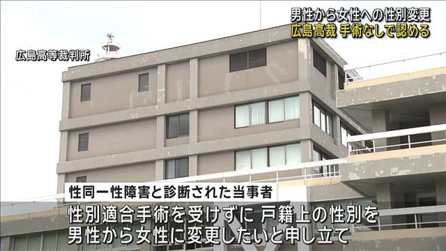 男性から女性への戸籍上の性別変更　広島高裁が手術なしで認める