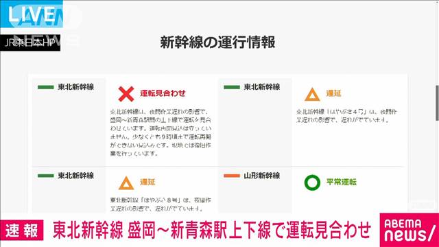 【速報】東北新幹線 盛岡〜新青森駅上下線で運転見合わせ