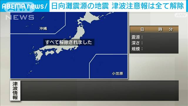 【速報】日向灘を震源とする地震で宮崎県などに出ていた津波注意報はすべて解除