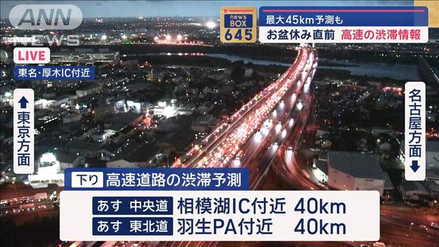 お盆休み直前　高速の渋滞情報　最大45km予測も