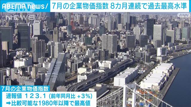 7月の企業物価指数　1980年以降で最も高い数値　円安、電気・ガス値上がりで