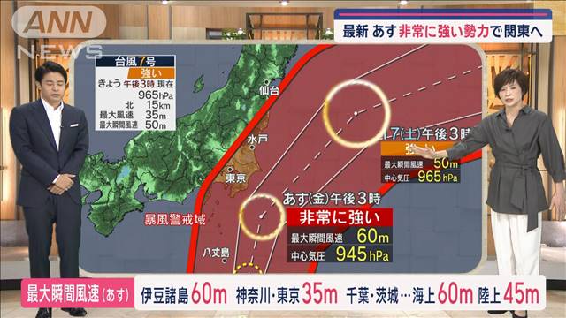 【関東の天気】台風7号　あす非常に強い勢力で関東へ　災害リスク高まる