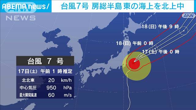 台風7号　非常に強い勢力で房総半島　東の海上を北上中