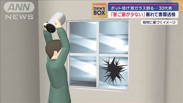 「昼ご飯が少ない」ポット投げ窓ガラス割る…30代男　暴れて書類送検