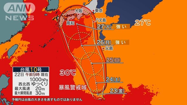 来週27日（火）ごろ 台風10号が強い勢力で列島直撃か 秋雨前線で接近前から大雨の恐れ