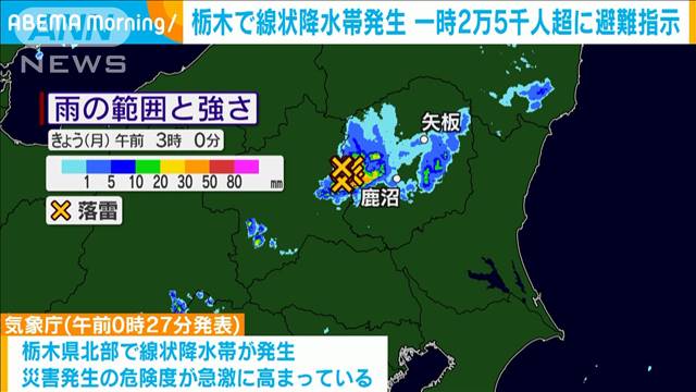 栃木で線状降水帯発生　一時2万5千人超に避難指示