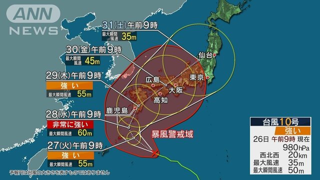 台風10号は西回りコースで全国に影響か　転向点で速度落とし影響が長期化の恐れ