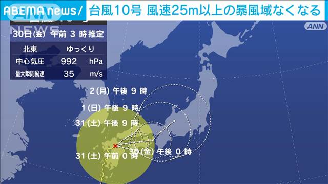 台風10号　風速25m以上の暴風域なくなり勢力が衰え始める