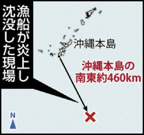 漁船から遭難警報　炎上・沈没　1人行方不明　救命ボートから7人救助　沖縄・糸満市の南東460キロ沖合