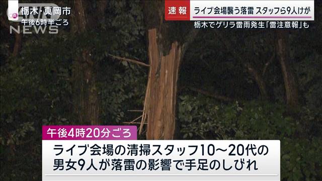 ライブ会場襲う落雷　スタッフら9人けが　栃木でゲリラ雷雨発生「雷注意報」も