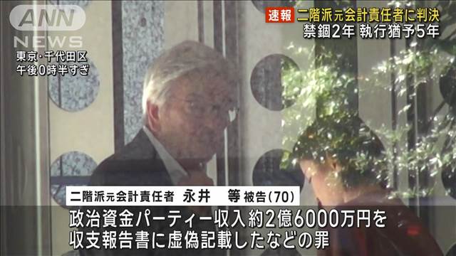 【速報】自民・二階派の元会計責任者に禁錮2年　執行猶予5年の有罪判決　東京地裁