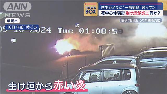 防犯カメラに“一部始終”夜中の住宅街で生け垣が炎上　何が？