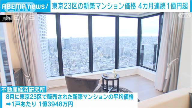 東京23区の新築マンション価格　4カ月連続1億円超え