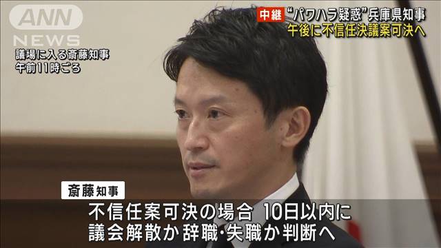 “パワハラ疑惑”兵庫県知事　午後に不信任決議案可決へ