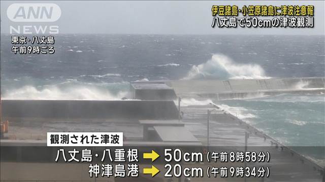 伊豆諸島・小笠原諸島に津波注意報　八丈島で50センチの津波観測