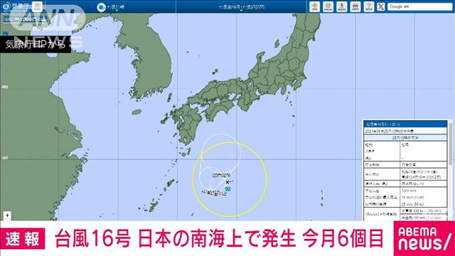 【速報】台風16号　日本の南の海上で発生　今月6個目