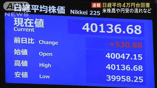 日経平均株価　4万円台回復　米株高や円安の流れなど