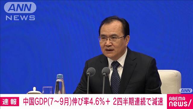 【速報】中国の7月ー9月のGDP成長率　プラス4.6％　2四半期連続で減速