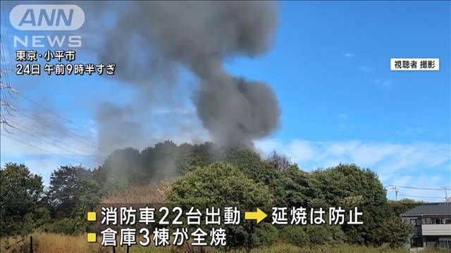 「焚き火をしていたら…」ボンボンと爆発音も　倉庫3棟が全焼し1人けが　東京・小平市