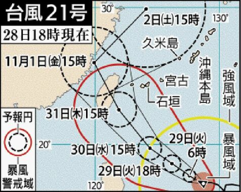 大型の台風21号、勢力が発達　沖縄へ接近する恐れ　先島諸島中心に天候荒れる予想　