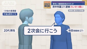 わいせつ疑いで府中市議の男（27）逮捕　男性に睡眠薬飲ませたか