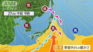 関東は雨上がりの青空で季節外れの暖かさ！　日本海側は雷雨や強風に注意　　