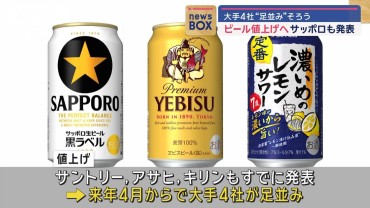 サッポロ「黒ラベル」「エビス」など値上げ　来年4月から　大手4社足並み